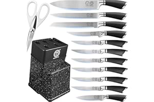 XYJ Authentic Since 1986, Professional Kitchen Knife Block Set, Stainless Steel Japanese Knives Set with Knife Block Holder, Scissors, Paring Boning Steak Slicing Bread Chef Knife for Home Kitchen