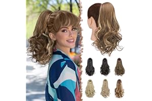 FESHFEN Extensión de cola de caballo con cordón, 38 cm Rizado Ondulado Sintético Extensiones Coleta Postizos para Mujeres, Marrón & Rubio
