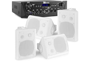 Power Dynamics Sistema de Sonido Profesional - 4 Altavoces Blancos, Bluetooth, USB, FM, Amplificador Integrado, Resistente al Agua IPX5, Soportes y Cables Incluidos, Ideal para Negocios y Hogar