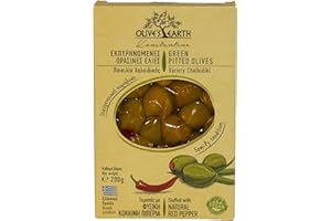 OLIVE'S EARTH Olive’s Earth Olives Vertes Grecques Dénoyautées Farcies au Poivron Rouge – Variété Chalkidiki Naturelles Sans Conservateurs – 4 x 200g (800g) – Origine Grèce