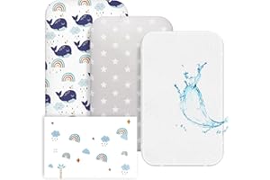 NesriToy Baby Spannbettlaken 70 x140cm, 3er Set Spannbetttuch für Babybett & Kinderbet, 2X Spannbettlaken Oeko-Tex Standard 100, 1X Matratzenschoner aus 100% wasserdichtem (Wal + Grauer Stern)