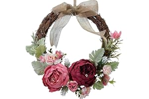 DADEA, Ghirlanda per con peonie artificiali, non sbiadisce, da appendere alla porta di ingresso, all’aperto, interno, pareti o finestre, in primavera e estate, rosa rosso, 26 cm