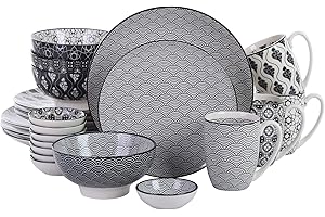 vancasso, Haruka Kombiservice aus Porzellan, 24 tlg. Rund Geschirr Set, mit Kaffeebecher, Müslischale, Dessertteller, Flachteller und Dipschälchen, Tafelservice für 4 Personen