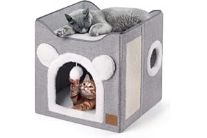 CATISM Foldable Cat House, Cat Bed 2 Layer Large Cat Cave for Pet with Scratching Board and Fluffy Ball for Small Medium Pets Indoor