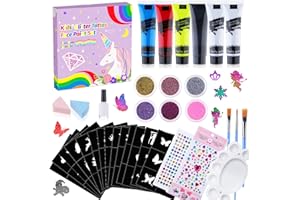 SUSANNY Creamify Kit de Tatuaje de Purpurina para Chicas,Juego de Pintura Facial,con Tattoos Niñas,Fluorescente, Plantillas, No Tóxico, para fiestas de disfraces,Cumpleaños, Navidad, Multicolor
