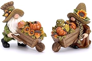 VALERY MADELYN 2 sztuki jesiennych figurek dekoracyjnych, krasnale z żywicy syntetycznej, 17 cm, sztuczne dynie na jesień, dekoracja stołu, figurki ogrodowe do jesiennej dekoracji na zewnątrz, prezent