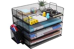 Cinnani Stapelbare Briefablage Mit Stifthalter aus Metall,4Etagen,Dokumentenablagen,A4Ordnern,Briefen,Papier,Metall Schreibtisch Organizer Tablett (Schwarz)