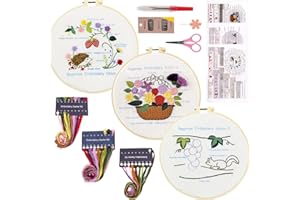 MAMUNU 3 Sets Kreuzstich-Sticksets für Anfänger, Erwachsene, Blumen Tiere Kreuzstich-Sets, Stickerei-Starter-Set mit Anleitung, Stickrahmen, Zahnseide und Werkzeuge