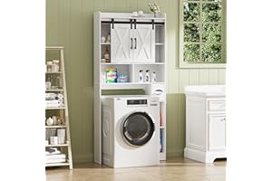 BonVache Waschmaschinenschrank mit 2 Schiebetür, Verstellbare Ablagen, Waschmaschinenregal mit Seitenfach für Papierhandtuch und 4 offene Fächer, für Badezimmer, Toilette und Waschküche, Weiß