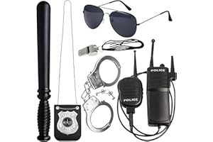 Orgoue 6PCS Police Officer Costume Accessories, Police Costume Set Cop Costume for Girls Boys Kids with Walkie Talkies Handcuffs Badge Eyeglasses Baton Whistle for Halloween Carnival Fbi Pretend Play