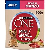 PURINA ONE Mini Crocchette Cane Adult Ricco in Manzo, con Riso, Per Cani Fino A 10 Kg - 8 Sacchi da 800 g Ciascuno
