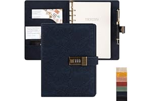 TIEFOSSI Carnet de notes vintage à 6 anneaux avec serrure, A5 à couverture rigide avec mot de passe secret fleur, papier à lettres ligné rechargeable pour femme (bleu foncé)
