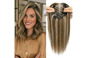 LASUNORK Hair Toppers for Thinning Hair Women Real Hair 100% Real Human Hair Topper 40g Hair Toppers Swiss Base Hand-Tied 12inch Medium Brown with Warm Highlights