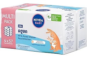NIVEA Baby Aqua Lot de 4 packs de 57 lingettes humides pour bébé pour nettoyer en douceur les peaux sensibles, hypoallergéniques et sans parfum avec 99% d'eau