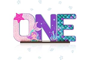 Haooryx Mermaid One Letter Sign Wooden Centerpieces for Baby Girl Under The Sea 1 Year Old First Birthday Party Sign Milestone Plaques Baby Shower Photo Props Room Table Decoration Party Supplies