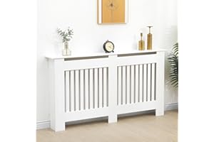 Vivo Technologies Radiator Cover White Modern Horizontal Slats, Large Radiator Cover Grill Shelf Cabinet MDF Wood Decorative Heater Cover,White, W 152 x H 82 x D 19 cm