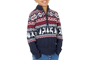 NOROZE Kids Nordic Christmas Jumper with Santa – Cosy Reindeer Fair Isle Knit Sweater for Boys, Soft Warm Winter Holiday ¼ Quarter Mock Zip Long