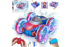 ROUSKY Coche anfibio a control remoto con luces LED, rotación de 360° 4WD impermeable, control remoto de gesto y mango, batería de 1200 mAh, edades de 4 a 12 años