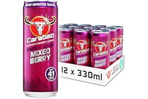 Carabao Energy Drink Mixed Berry, 12 x 330ml Cans Case, Low Calorie, Lower Sugar, Fizzy Fruit Flavour, Vegan, Gluten Free Drink, B Vitamins, Taurine, Caffeine with Zero Crash, Bulk Crates, Multipack