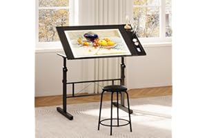 Moziel Tavolo da Disegno Inclinabile da 0 a 60°, Altezza Regolabile con Sgabello, Scrivania per Somputer da Studio di Architettura per Disegnatore Pittore Ingegnere Artista (Nero)