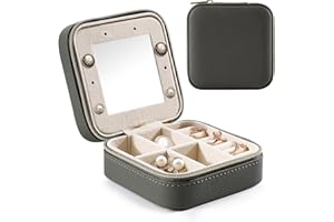 Emibele Travel Jewelry Box for Women, 3 Layers with Mirror Jewelry Holders Portable Jewelry Organizer Case for Necklace Earrings Rings Bracelet PU Mini Jewelry Display Storage Case, Dark Gray