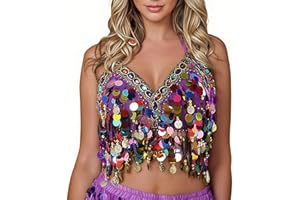Baisdan Women Sequin Belly Dance Bra Top, Sparkly Fringe Tassel Halter Top Festival Carnival Costume