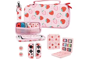 RHOTALL Süße Tragetasche für Nintendo Switch & Switch OLED-Abdeckung, harte tragbare Reisetasche für Switch-Zubehör mit Spieletui, 2 Joy Con-Shell, Schultergurt und 2 Daumenkappen - Pink Strawberry