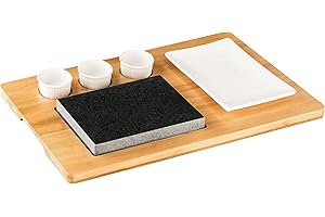 Morleos Heißer Stein-Grill Hot Stone Steak Granitstein SET (50x30x3 cm) | Heiße Steinplatte Grill Bambus Holzbrett Teller Schälchen weiß