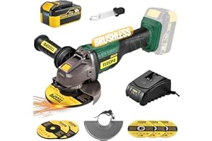 Smerigliatrice Angolare a Batteria 18V Brushless, TECCPO 10000 RPM, 125mm, 4.0Ah Batteria, Caricatore Rapido, Impugnatura Antivibrante, 2× Dischi Abrasivi e 3× da Taglio