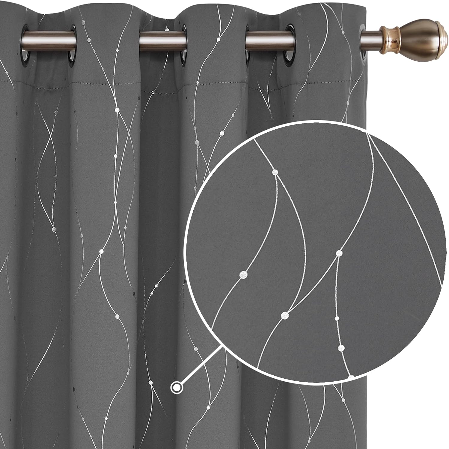 Deconovo Grey Curtains, Dotted Line Foil Printed Thermal Insulated Blackout Curtains, Window Treatment Eyelet Curtains for Bedroom, 46 x 54 Inch(Width x Length), Grey, 2 Panels