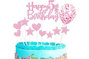 Zayin Personalised Happy 5th Birthday Cake Topper Set,Happy Birthday Sign for Cake,11p Glitter Balloon Stars Heart Cupcake Topper 5th Birthday Cake Party Decoration(5 year old, Pink)