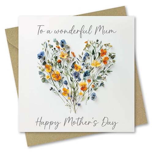 Mother's Day Card. Heart of Flowers Design. Mothers Day Card with Matching Envelope. Size 150x150mm When Folded.