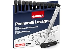 GAUDER Set di Pennarelli per Lavagna Bianca (12 pezzi – nero) | Cancellabili a secco senza residui | Pennarelli cancellabili con spugna, ideali per lavagne bianche e magnetiche.