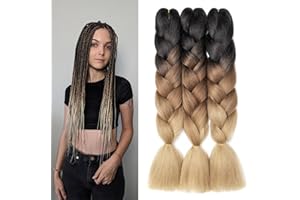 Dcbaboo Extensiones para Trenzas Africanas 60cm Pelo para Trenzas Africanas 3PCS Ombre Extensiones de Pelo Sintético para Trenzas Postizas Trenzado de Extensiones 300g, Negro-Marrón Oscuro-Marrón