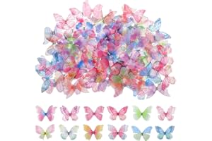 TIESOME 100 Stück 3D Schmetterlinge Organza,3D Bunte Schmetterling Aufkleber Mit Strasssteinen Transluzente Schmetterlinge Deko für DIY Weihnachtsdekorationen Kleidung Ornament