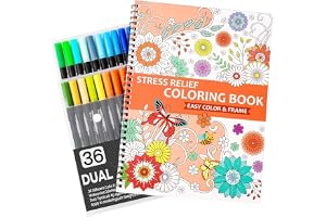 Atoke Färgläsbok för vuxna med 36 färgpennor, 30 blommotiv, mandala, djur, spiralhäftad för att lindra stress och avkoppling