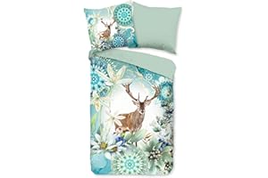 ‎TRAUMSCHLOSS Traumschloss Satin Bettwäsche »Xela«, Hirsch umgeben von Pflanzen und Mandalas, blau, grün, 155x220 & 80x80, 100% Baumwolle, atmungsaktiv & weich, mit Reißverschluss, Kissen und Bettbezug