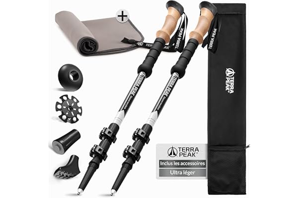 Terra Peak® Bâtons de Marche et Randonnée télescopiques (Pliables, Extensibles, réglables, légers) - Canne et Randonnee pour Trekking, Nordique Walking, Trail Running, Montagne Femme et Homme