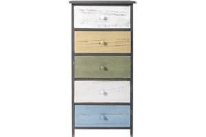 Rebecca Mobili Cassettiera vintage, armadietto 5 cassetti, per camera bagno, legno paulownia, grigio bianco beige azzurro - Misure: 87 x 40 x 29 cm (HxLxP) - Art. RE4885