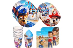 QOOLOO Set de vaisselle de fête, Dog Patrol à Thème Décoration D'anniversaire pour Enfants, Set de Vaisselle Assiettes et Gobelets,Serviettes,Nappe de Table,Bannière Fournitures de Décoration de Fête(gris)