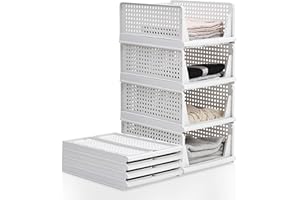 BTGGG Pack of 4 Wardrobe Organiser, Stackable Plastic Cupboard Organiser, Wardrobe Storage Box, Easy Extendable Drawer Divider for Clothes, Cupboard, Pantry, Laundry