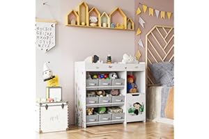HOCSOK Étagère à Jouets, Étagère de Rangement avec 9 boîtes, Meuble de Rangement Jouets Blanc 90 x 80 x 29,5 cm