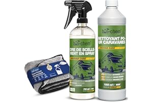 BIO-CHEM CLEANTEC Bio-Chem - Nettoyant extérieur Camping Car 1L + Cirage de Protection de Peinture en Spray 750ml + Chiffon en Microfibres - Ensemble de 3 Produits pour Entretien Exterieur Caravane et Camping-Car