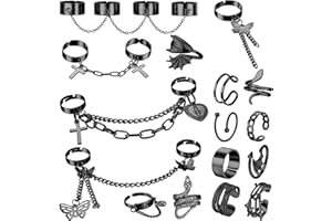LOLIAS 16 STÜCKE Gothic Punk Ringe Set für Damen Herren Kette Fingerringe Schwarz Silber Stapelbare Ringe Schlangen Ringe Kette Offen Verstellbare Knöchel Y2K Emo Ringe Set Punk Gothic Schmuck