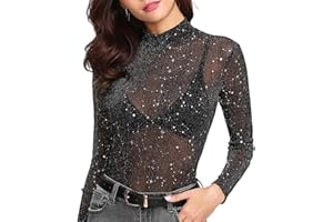 TUONYIS Haut Transparent Femme, Tulle Haut Femme Transparents Top à Paillettes Transparent Moulant à Manches Longues Top