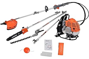 eSkde 5-in-1 Powerful 52cc 2 Stroke Petrol Gardening Backpack Kit including: Brushcutter, Strimmer, Grass Trimmer, Chainsaw, Hedge Trimmer and Extension Pole Attachments.