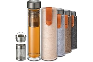 Cosumy Thermos Verre avec Infuser 500 ml - Verre à Double Paroi avec Housse en Feutre - Résistant à la Chaleur - Étanche - Lavable au lave-vaisselle (Beige)
