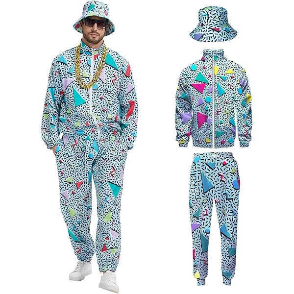 Trainingspak voor heren, set joggingpak en broek, set met opblaasbare gettoblaster, buiktas, zonnebril, hoed, halsketting, armband, ring, hiphop, sportkleding, carnaval, themafeest, lichtblauw, XL