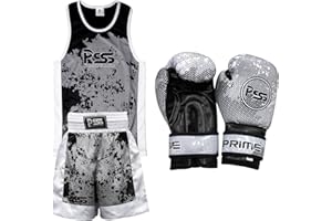 PRIME LEATHER Prime Sports Shop Uniforme de boxe pour enfant 2 pièces confortables (tissu respirant haut et court) et gants de boxe 170 g Couleur : noir et blanc De 3 à 14 ans