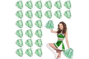 LINYAPRY 24 pompon da cheerleading metallici, per bambini, cheerleader, pom pom poms con manico per bacchetta, per adulti, squadra, sport, gioco di danza (verde e bianco)